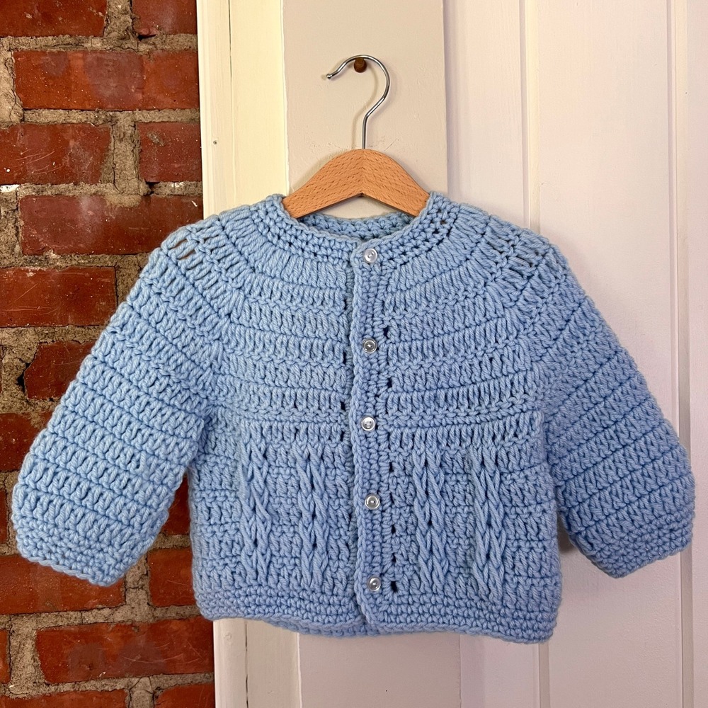 Vintage 70s Handmade Crochet Baby Cardigan Powder Blue 12-18M Heirloom Sweater